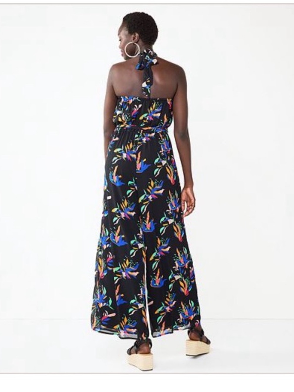 Nine West Halter-Neck Wide-Leg Jumpsuit w/Multicolor Leaf Print Size XXL NWOT - Picture 4 of 8